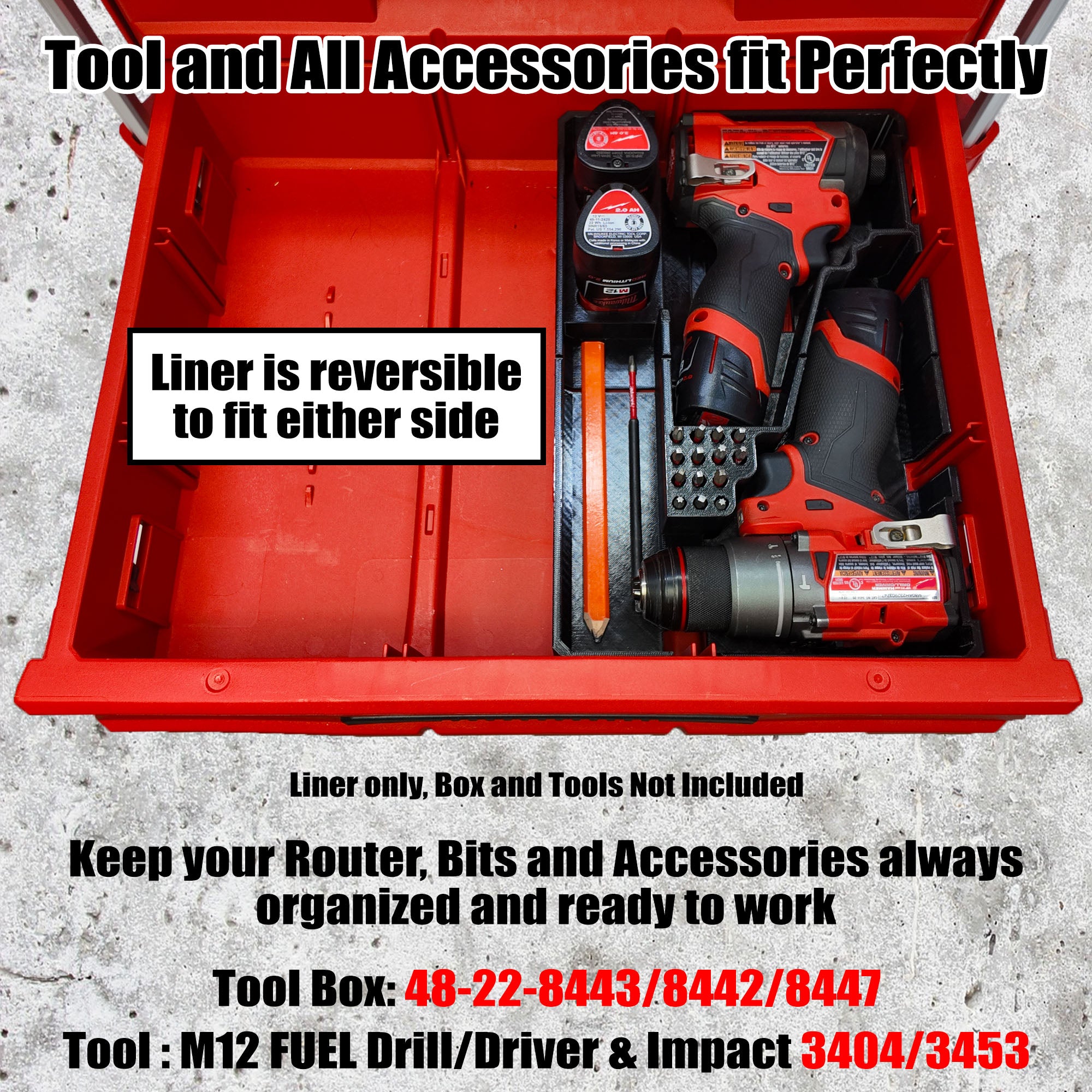 M12 Drill Driver Organizer for Milwaukee Packout 2 and 3 Drawer Tool Boxes
