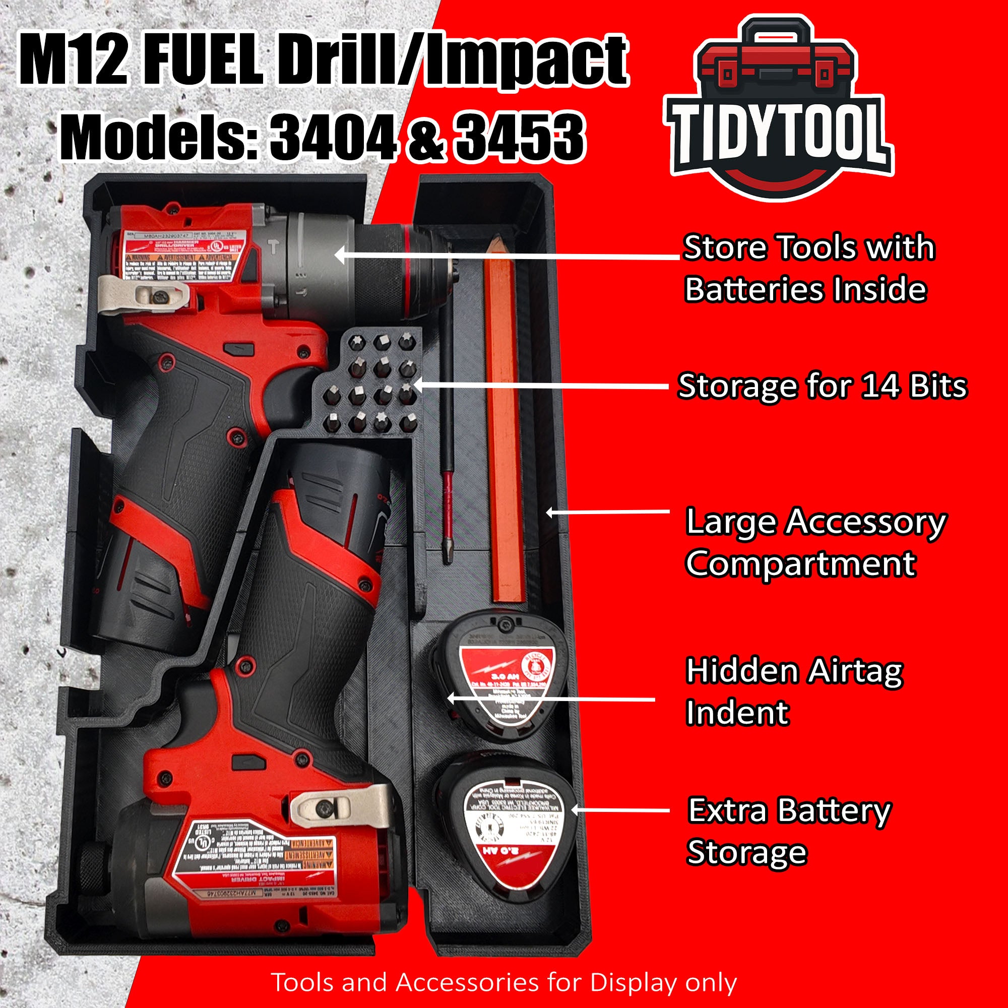 M12 Drill Driver Organizer for Milwaukee Packout 2 and 3 Drawer Tool Boxes